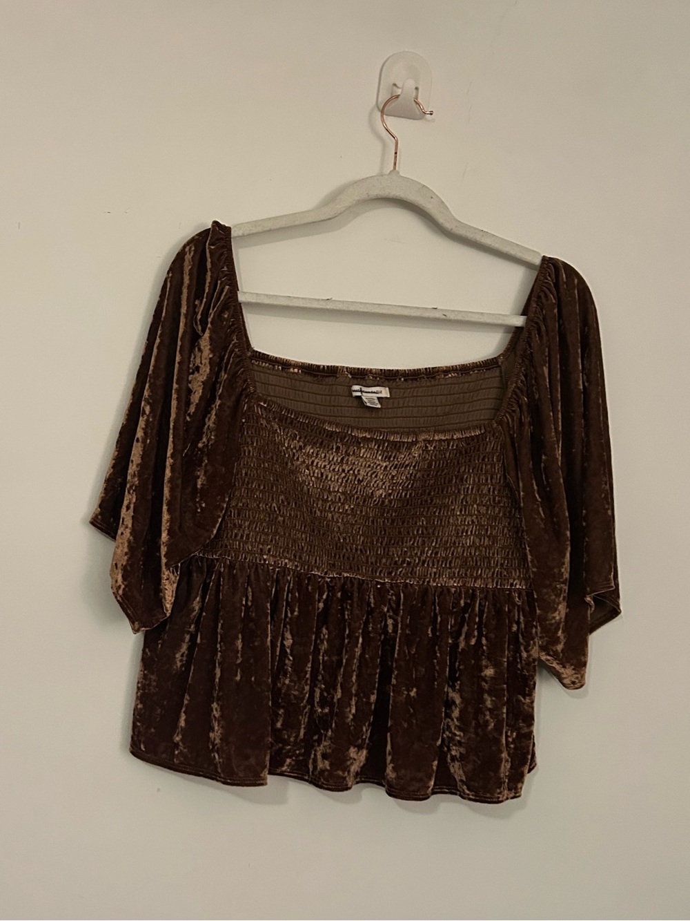 American Eagle Brown Velvet Peplum Top Square Neck Smocked XL
